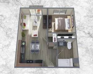 A top-down view of a small apartment with a kitchen, living room, and bedroom.