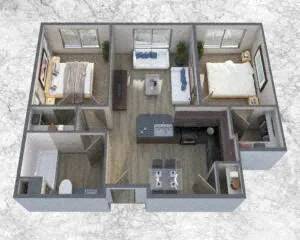 A top-down view of a small, neatly organized apartment.