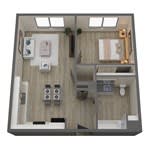 A top view of a small apartment with a bed, a desk, and a kitchenette.