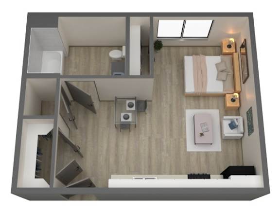 A top-down view of a small, modern apartment with a kitchen, living room, and bathroom.