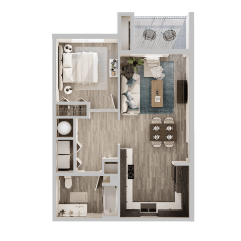 A detailed floor plan of a small apartment with a kitchen, living room, and bathroom.