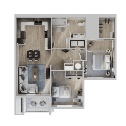 A detailed 3D floor plan of a modern apartment layout.