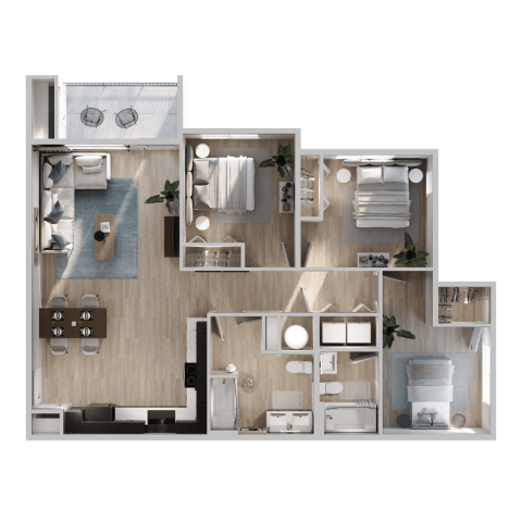 A 3D rendered image of a modern bathroom layout.