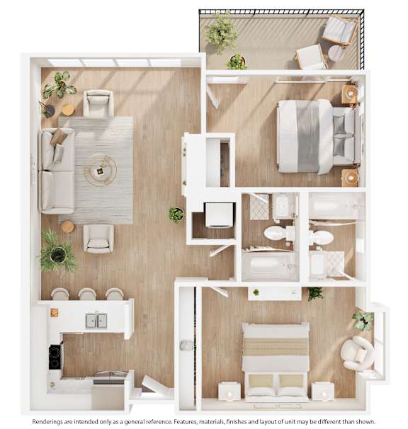 A top-down view of a small apartment layout with a kitchen, living room, and bedroom.