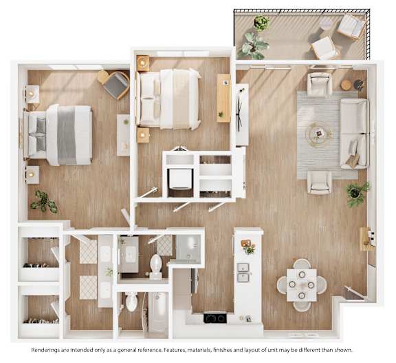 A top-down view of a small apartment layout with a kitchen, living room, and bathroom.