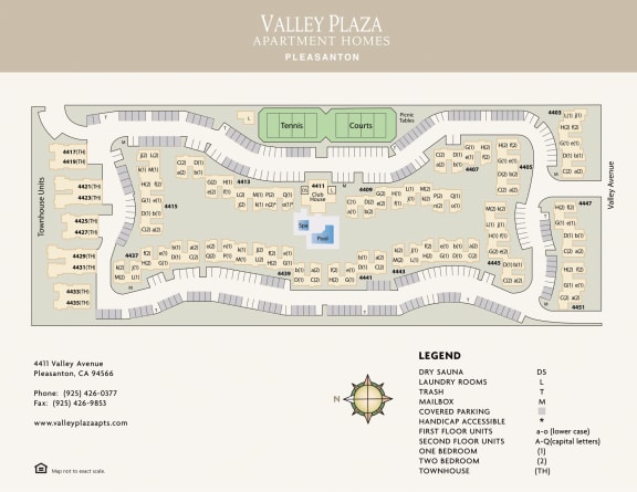 a site map apartments and amenities at Valley Plaza Villages, Pleasanton, 94566