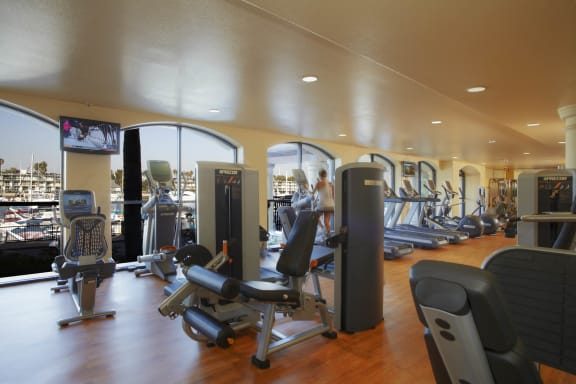a gym with cardio equipment and a view of the city  at Marina Harbor, Marina del Rey, California