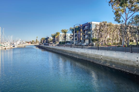 a body of water with buildings on the side of it  at Marina Harbor, Marina del Rey, CA