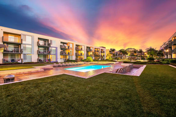 Pool View In Twilight at Marina Harbor, Marina del Rey, California