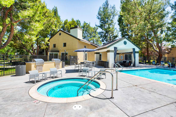 our apartments have a resort style pool and patio  at Mountain Vista, Victorville, CA