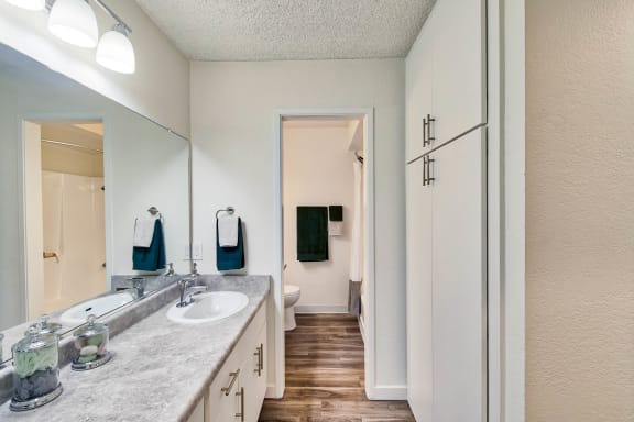 a bathroom with a sink and a mirror and a closet at Mediterranean Village Costa Mesa, California, 92626
