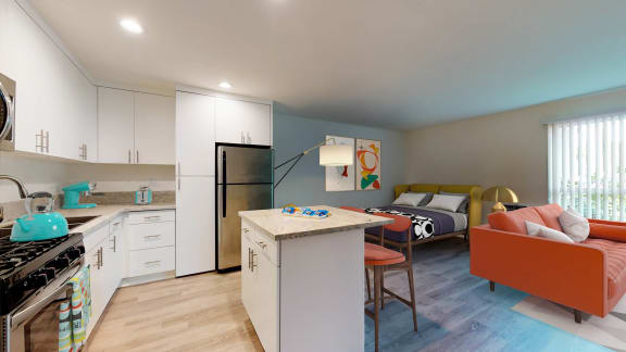a kitchen and living room with a refrigerator and a table  at Rancho Los Feliz, Los Angeles, 90039