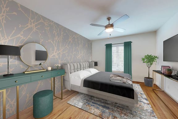 a bedroom with a bed and a mirror and a desk at Sunset Barrington Gardens, Los Angeles, 90049