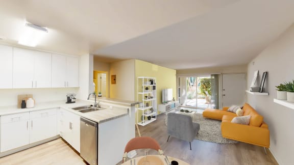a kitchen and living room with an open floor plan at West Park Village, Los Angeles, 90025