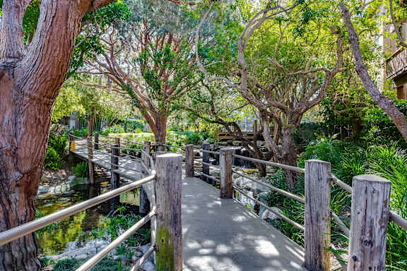 A wooden walkway with railings goes through a tree-filled area at Mariners Village, Marina del Rey, 90292
