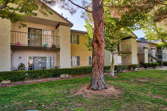 A tree stands in front of a building with balconies.