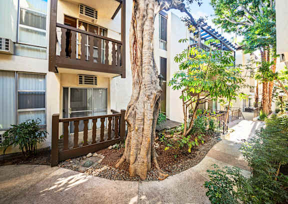 A tree in a courtyard of a building at Mediterranean Village West Hollywood, West Hollywood