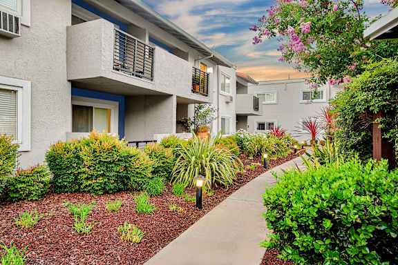 A concrete pathway leads through a landscaped area in front of apartment buildings at Pleasanton Place, Pleasanton, CA, 94566