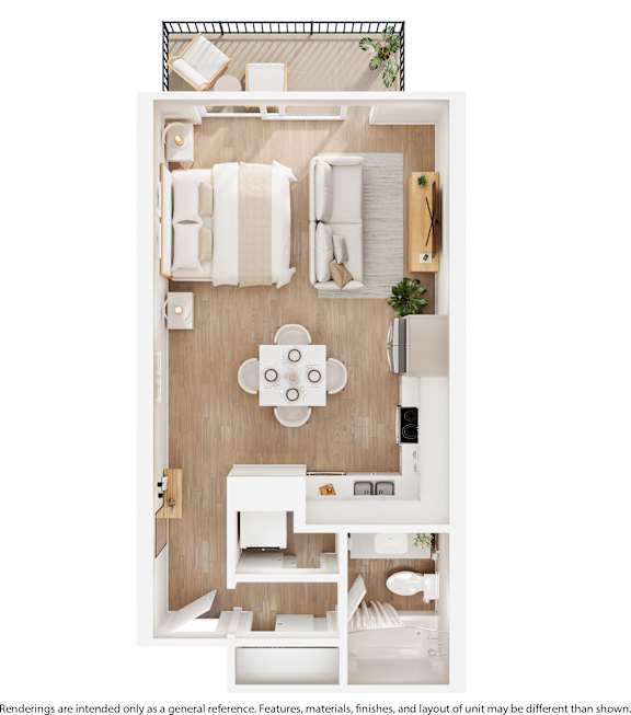 A top-down view of a small, neatly organized kitchen and dining area.
