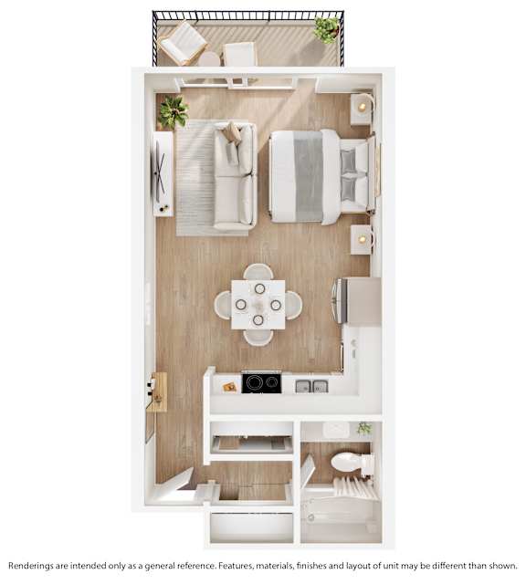 A top-down view of a small, neatly organized room with a bed, desk, and chair.