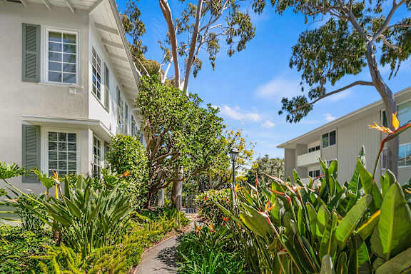 A white house with green shutters is surrounded by lush greenery and trees.