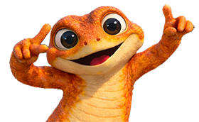 A cartoon dinosaur with a big smile on its face is making a peace sign with its hands.