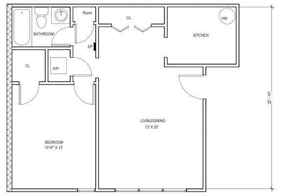 A black and white floor plan of a small apartment with a living room, kitchen, bedroom, and bathroom.