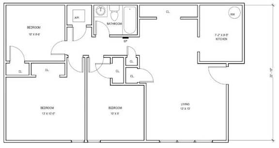 A floor plan of a house with three bedrooms and a living room.