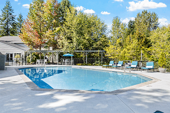 A large outdoor swimming pool surrounded by trees and lounge chairs.
