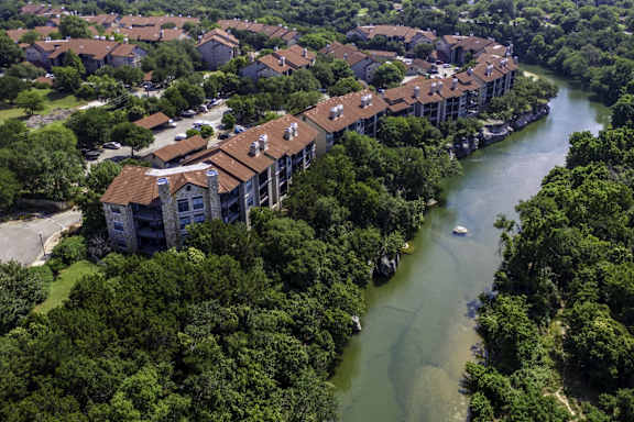 Overhead view of San Gabriel River at Waters Edge Apartment Homes, Texas, 78626