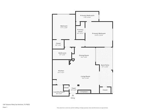 A floor plan of a property with a primary bedroom, bathroom, kitchen, living room, and laundry room.