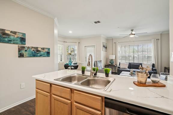 A kitchen with a white countertop and wooden cabinets.