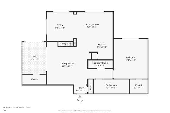 A floor plan of a house with an entry, closet, laundry room, kitchen, dining room, living room, and bedroom.