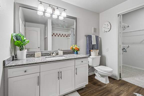 A bathroom with a white toilet and a large mirror above the sink.