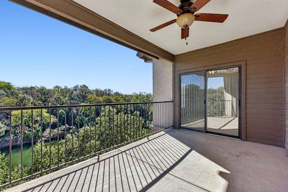 Covered balcony at Waters Edge Apartment Homes, Texas, 78626