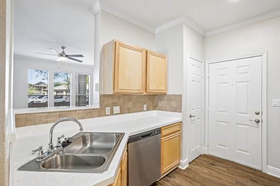A kitchen with a sink and a dishwasher.
