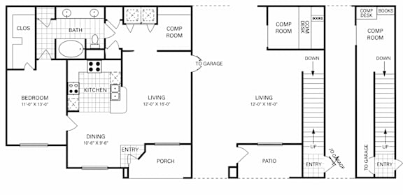 A floor plan of a house with a garage and a living room.