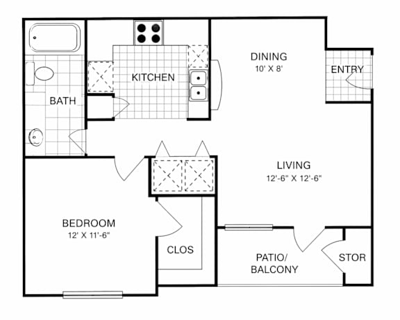 A floor plan of a small apartment with a kitchen, living room, and bedroom.