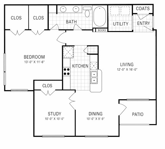 A black and white image of a floor plan for a small apartment.