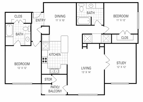 A floor plan of a house with a living room, dining room, kitchen, two bedrooms, two bathrooms, a study, and a closet.