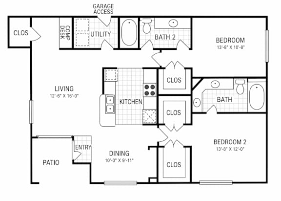 A black and white floor plan of a house with two bedrooms, a living room, a kitchen, a dining room, a garage, and a patio.
