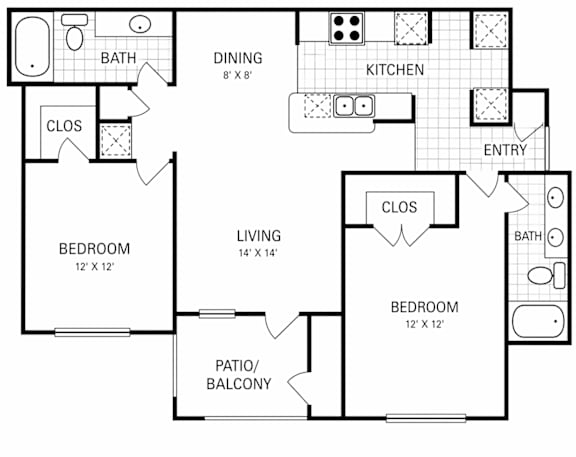 A black and white floor plan of a two bedroom apartment.