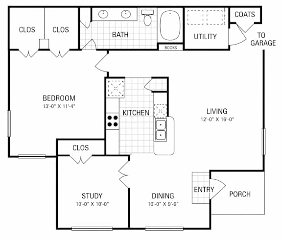 A floor plan of a house with a bedroom, study, dining room, kitchen, living room, bathroom, and closet.