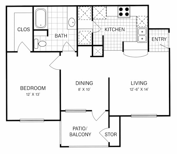 A black and white floor plan of a house with a living room, dining room, kitchen, bathroom, bedroom, and a closet.