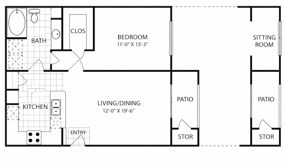 A floor plan of a small apartment with a living room, kitchen, bedroom, and two patios.