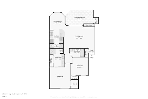 2Bed 2Bath Floor Plan at Waters Edge Apartment Homes, Georgetown, TX, 78626