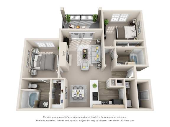 Floor Plan  A 3D floor plan of a house with a kitchen, living room, and bedrooms.