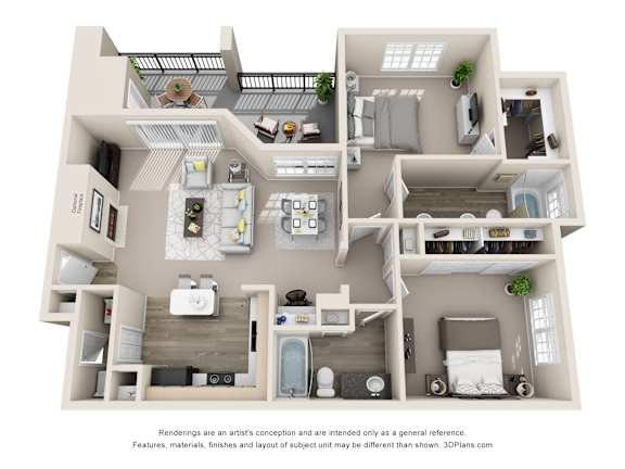 Floor Plan  A 3D floor plan of a small apartment with a kitchen, living room, and two bedrooms.