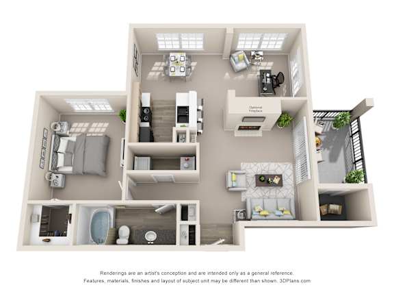 A 3D floor plan of a house with a kitchen, living room, and bathroom.