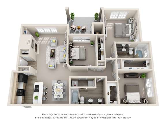 A 3D floor plan of a house with multiple rooms and furniture.